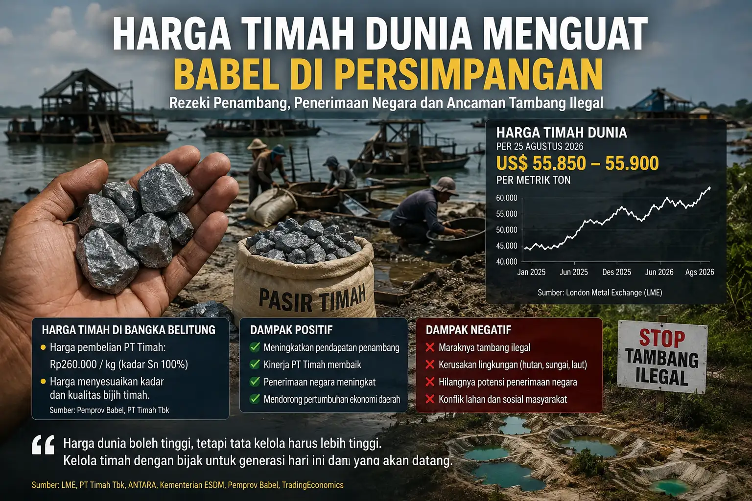 Timah Dunia Tembus US$55 Ribu, Babel di Persimpangan: Penambang Sejahtera atau Lingkungan Jadi Korban