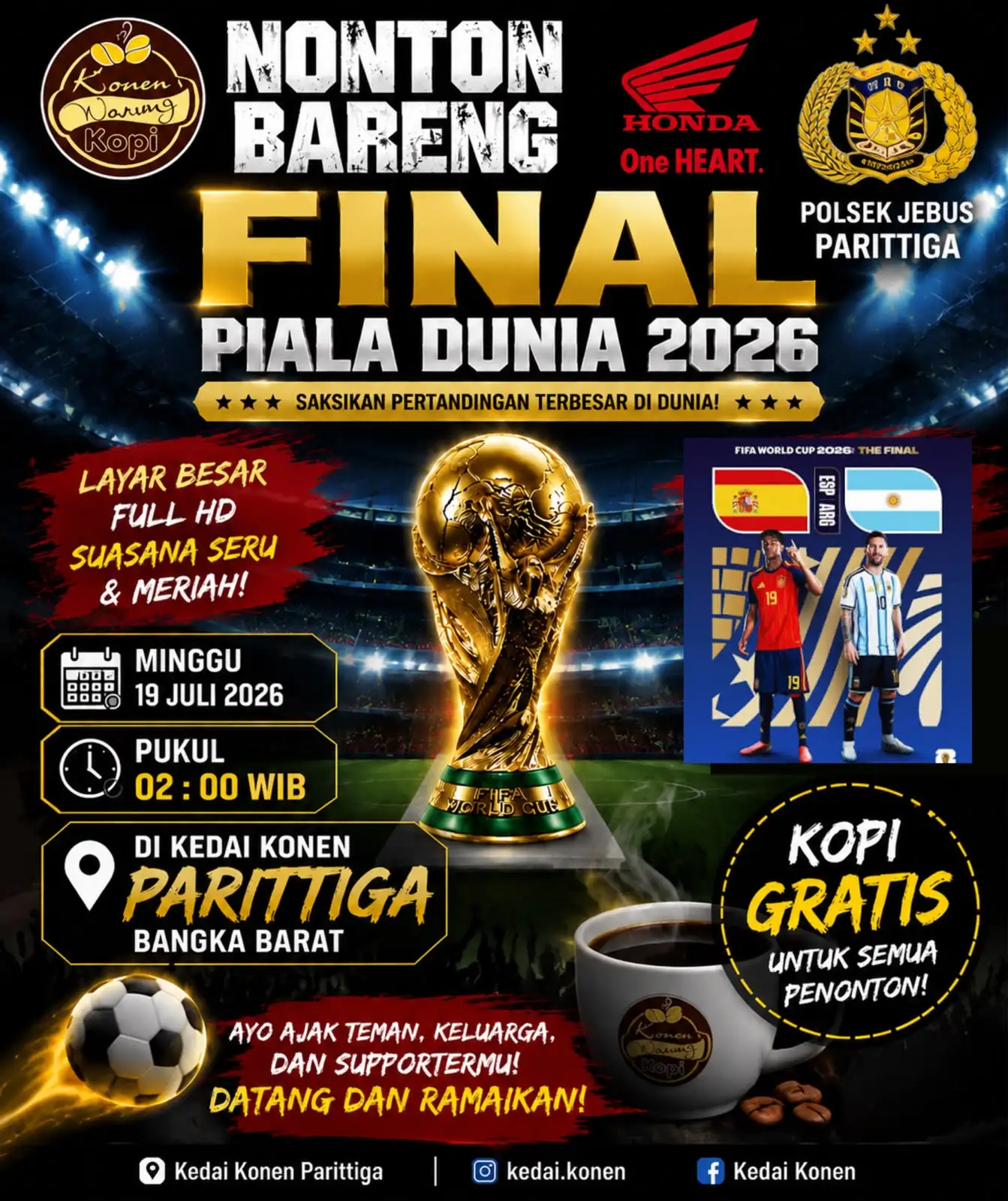 Nobar Final Piala Dunia 2026 di Kopi Konen Parittiga, Ada Kopi Gratis! Didukung Honda Parittiga dan Polsek Jebus