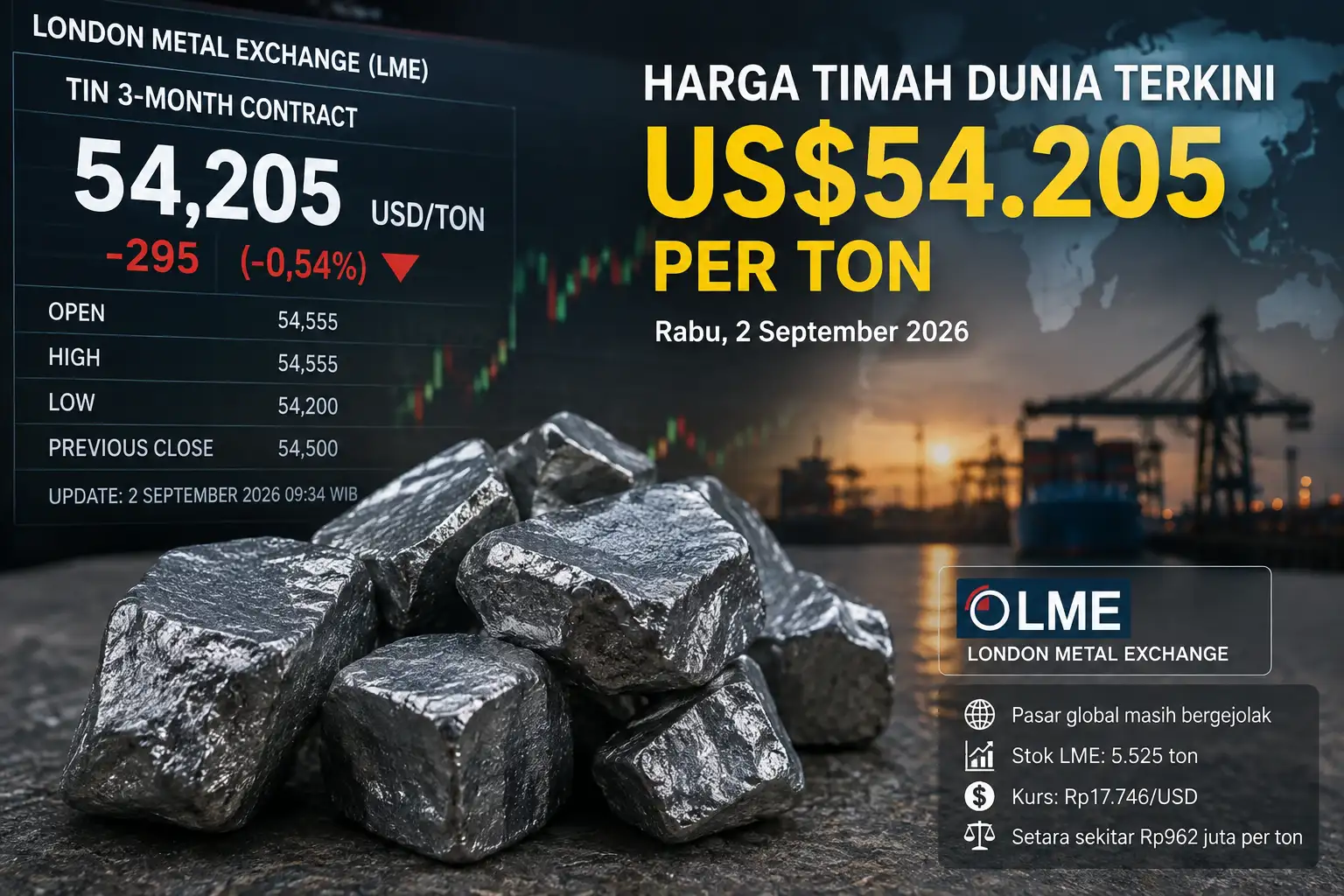 Harga Timah Dunia Hari Ini US$54.205/Ton, Setara Hampir Rp962 Juta per Ton