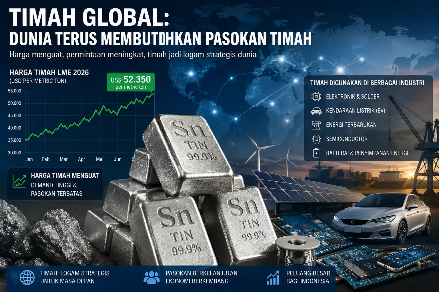 Harga Timah Global Menguat, Dunia Terus Membutuhkan Pasokan Timah untuk Industri Teknologi dan Energi Masa Depan